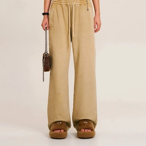 Pantaloni cargo retrò kaki a gamba larga con lavaggio usato e ricami a croce