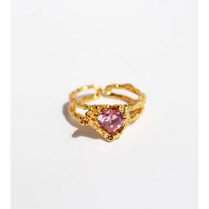 Heart Shaped Pink Zircon Ring Brass Molten Texture Adjustable Open Band Niche Design For Women