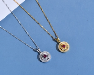 Detailed comparison of gold and silver hollow round necklaces with red ruby zircons
