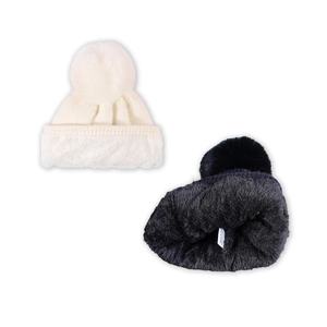 Winter knit pom-pom beanie with warm fleece lining in white and black colors