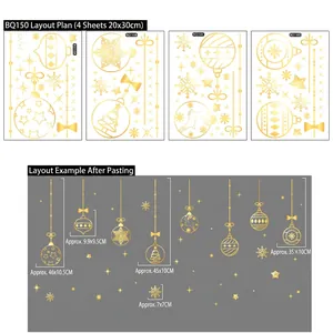 Detailed view of 4-piece set of gold Christmas window stickers with festive snowflakes