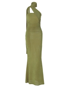 Army green slim fit strapless maxi dress with draped neck and pleated detail