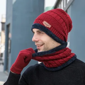 Winter 3-piece set with fleece-lined knit hat, scarf and gloves in red and navy blue