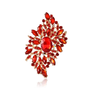 Vintage gold brooch with large red crystals and rhinestones for women's suits