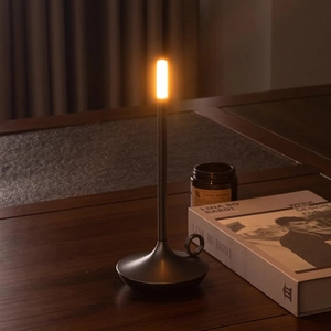 Modern black Nordic Aladdin table lamp with warm LED light on a dark wood table