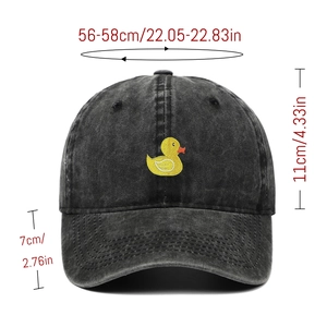 Detail view of duck embroidery on vintage washed denim baseball cap with dimensions