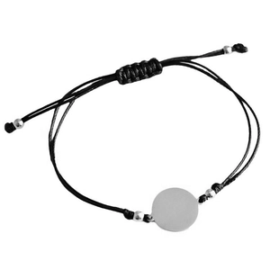 Adjustable black woven rope bracelet with polished silver round pendant for women