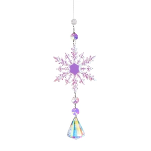 Colorful crystal snowflake hanging ornament with faceted purple beads and teardrop pendant
