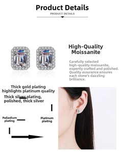 Detail showing multi-layer silver plating process on radiant cut moissanite stud earrings