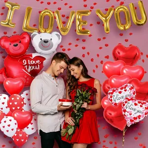 Romantic Valentine balloon set with gold I Love You letters and red heart foil balloons
