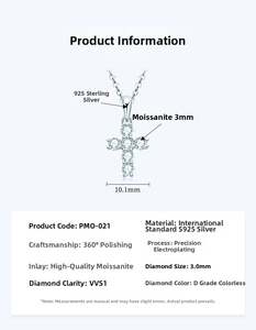 Detailed specs of S925 silver cross pendant with six 3mm D-color VVS1 moissanite stones
