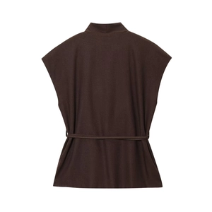Sleeveless dark brown waist-defining top with matching belt for women, front view