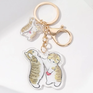 Dual acrylic keychain with cute cartoon cats and gold lobster clasp for bags