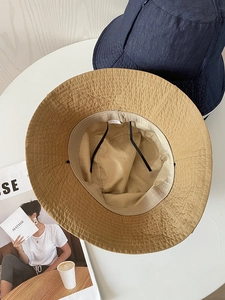 Detail of khaki and navy quick-dry sun hats with adjustable windproof drawstrings