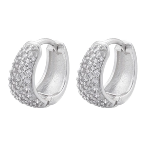 Elegant silver micro-pave cubic zirconia huggie hoop earrings on white background