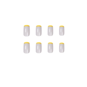 French press-on nails with translucent white base and bright yellow leaf tips
