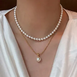 French vintage pearl necklace set with 6mm pearls and gold zircon pendant for women