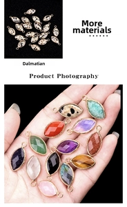 Detailed view of faceted marquise semi-precious stone pendants with gold plated edges