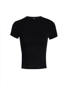 Detailed close-up of the black crew neck slim fit T-shirt neckline and soft fabric texture