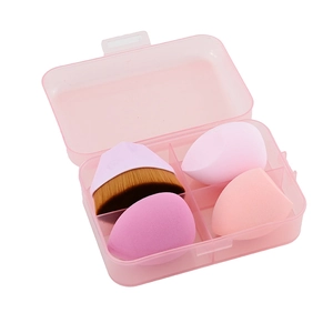 Pink makeup sponge set and professional brown foundation brush in clear storage case