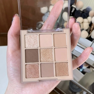 Macro view of the nine-color eyeshadow palette with matte and shimmer neutral textures