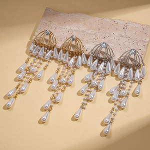Elegant zircon pearl tassel earrings with waterdrop charms in gold and silver finish