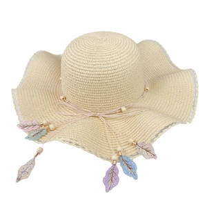 Women's wide brim straw sun hat with colorful embroidered leaves and wooden beads