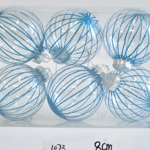 Set of 6 blue glitter striped Christmas balls, 8cm transparent PVC hanging ornaments