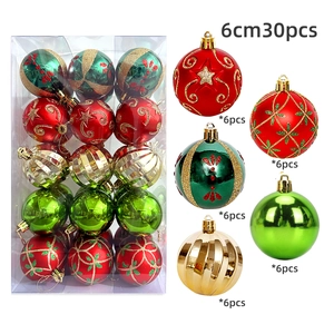 Detail of 30-piece 6cm Christmas ball set in red gold and green with varied textures