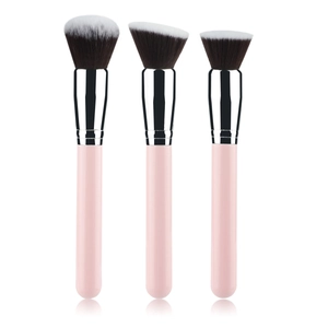 Three-piece pink makeup brush set with round, slanted, and flat heads for foundation