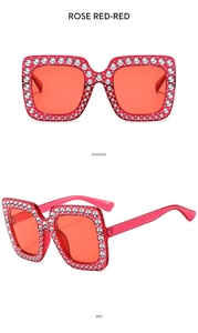 Detail of rose red square sunglasses with sparkling rhinestones on front and side views