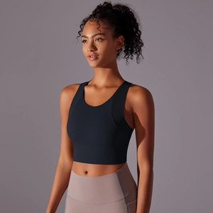 Detail of black racerback sports bra with seamless high-elastic moisture-wicking fabric