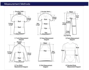 Detailed size measurement guide for women's tops, dresses, and trousers with diagrams