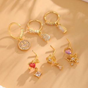 6-piece 18k gold plated earring set with zircon smile heart and butterfly charms