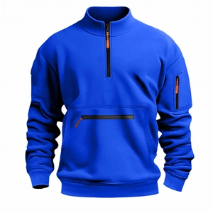 Front view of royal blue fleece sweatshirt featuring contrast orange zippers and pockets