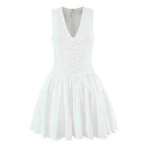 Elegant white sleeveless V-neck summer dress with pleated skirt and button detail