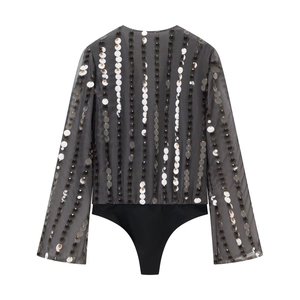 Elegant grey V-neck sequined bodysuit with long sleeves and shimmering disc decorations