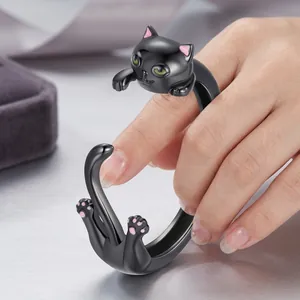 Anello gatto nero creativo in argento sterling S925 con occhi verdi e dettagli rosa