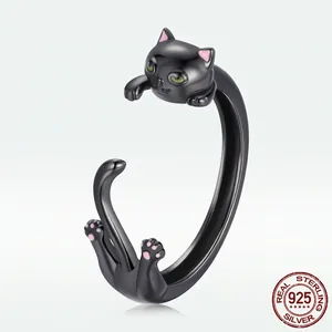 Creative S925 sterling silver black cat open ring with green eyes and pink paw details