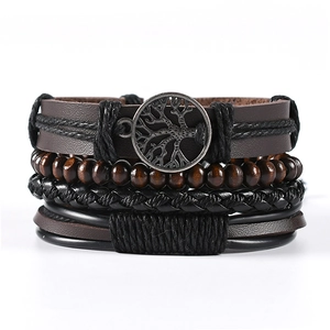 Multilayer leather bracelet set with tree of life metal charm and brown wooden beads