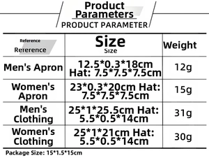 Detailed size chart for Christmas wine bottle covers showing apron and outfit dimensions
