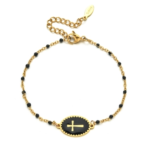 Detail of gold stainless steel chain with black beads and enamel cross charm