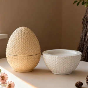 Macro detail of egg-shaped silicone mold with woven texture for DIY candle storage box