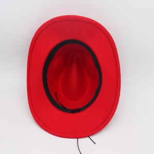 Detail view of red wool fedora interior showing adjustable sweatband and fine stitching