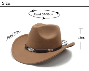 Size chart for western fedora hat showing 57-58cm head circumference and 7cm brim width