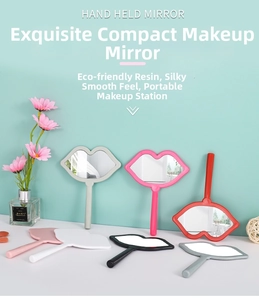 Lip shaped handheld makeup mirror in various colors made of eco-friendly resin material