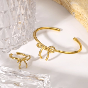 Elegant Bow Bracelet And Ring Stainless Steel Rhinestone 18K Gold Plated Minimalist Jewelry For Women