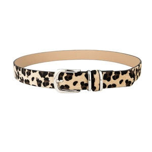 Women's leopard print waist belt with calf hair texture and silver double ring buckle