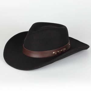 Classic black wool felt cowboy hat with brown leather rivet band and wide brim design