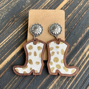 Detail view of cowboy boot earrings with leopard print inlay and wooden texture details